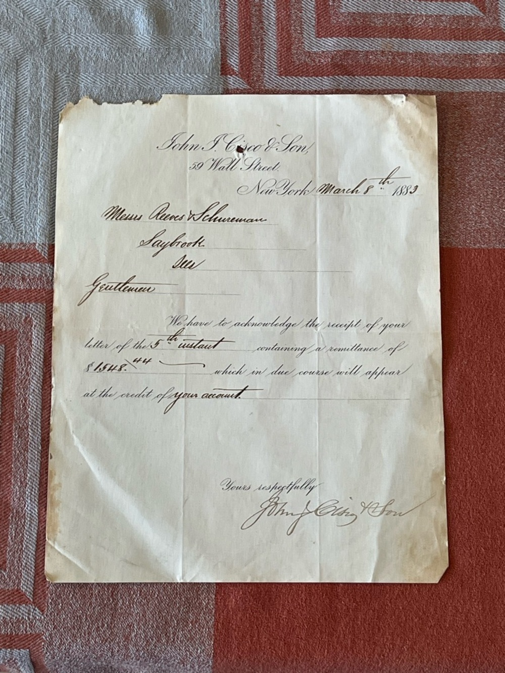 Original  1883 Letterhead Document from Wall Street, New York.